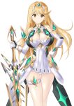  1girl absurdres aegis_sword_(xenoblade) bangs bare_legs bare_shoulders blonde_hair breasts chest_jewel cleavage cleavage_cutout clothing_cutout dress earrings elbow_gloves gloves highres jewelry large_breasts long_hair mythra_(xenoblade) short_dress solo swept_bangs thigh_strap tiara very_long_hair white_dress white_footwear white_gloves xenoblade_chronicles_(series) xenoblade_chronicles_2 yakkey yellow_eyes 