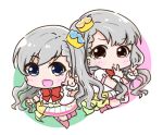  2girls :d bangs blue_eyes blush bow braid braided_bangs brown_eyes chibi commentary crown double_v eyebrows_visible_through_hair full_body grey_hair hair_over_shoulder hisakawa_hayate hisakawa_nagi hitomiz idolmaster idolmaster_cinderella_girls kneebar long_hair low_twintails mini_crown multiple_girls parted_lips pink_footwear pleated_skirt red_bow shirt siblings sisters skirt smile striped striped_shirt striped_skirt symbol-only_commentary tilted_headwear twins twintails v vertical-striped_shirt vertical-striped_skirt vertical_stripes very_long_hair white_shirt white_skirt wrist_cuffs 