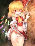  1girl after_sex ascot bangs bare_shoulders blonde_hair blush bow bow_panties breasts bush closed_mouth collar collared_shirt cosplay crystal cum cumdrip detached_sleeves eyebrows_visible_through_hair eyes_visible_through_hair fang flandre_scarlet frills hair_between_eyes hair_bow hair_ornament hair_tubes hakurei_reimu hakurei_reimu_(cosplay) hand_up highres japanese_clothes jewelry long_sleeves looking_at_viewer marukyuu_ameya medium_breasts miko miniskirt multicolored_wings navel no_hat no_headwear panties ponytail red_bow red_eyes red_nails red_shirt red_skirt shadow shirt short_hair skirt smile solo standing stomach sweat tongue touhou underwear wall white_panties white_sleeves wide_sleeves wings yellow_ascot 