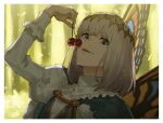 1boy bangs blue_eyes border butterfly_wings cherry diamond_hairband fate/grand_order fate_(series) food fruit fur_trim hairband holding holding_food holding_fruit insect_wings long_sleeves looking_at_viewer male_focus menma222 oberon_(fate) portrait solo tongue tongue_out twitter_username white_border white_hair wings 