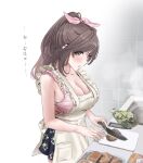  1girl apron blush bow breasts brown_hair cleavage cooking cutting_board food hair_bow hamedoragon hickey highres idolmaster idolmaster_shiny_colors knife large_breasts lipstick_mark long_hair looking_at_viewer meat pink_eyes ponytail print_skirt skirt sleeveless solo tsukioka_kogane vegetable 