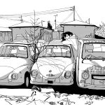  1girl building car close-up commentary greyscale ground_vehicle highres hood hoodie monochrome motor_vehicle muji_(uimss) original outdoors power_lines short_hair sleeping solo tree utility_pole 