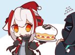 &gt;_&lt; 1girl 1other antennae arknights bangs black_gloves black_jacket black_scarf blush cake chibi doctor_(arknights) explosive flying_sweatdrops food food_on_face gloves grenade grenade_pin hair_between_eyes hat holding holding_plate hood hood_up hooded_jacket horns jacket mouth_hold nuu_(nu-nyu) plate red_eyes santa_hat scarf simple_background smile tail two-tone_background upper_body w_(arknights) white_hair 