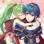  1boy 1girl :d awayuki_ramika bare_shoulders blue_cape blue_eyes blue_hair blush cape closed_eyes dress fire_emblem fire_emblem:_mystery_of_the_emblem fire_emblem:_new_mystery_of_the_emblem fur_trim green_hair hug hug_from_behind marth_(fire_emblem) open_mouth pink_background pink_dress pointy_ears ponytail short_dress short_sleeves simple_background sleeveless sleeveless_dress smile star_(symbol) tiki_(fire_emblem) twitter_username 