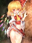  1girl after_sex ascot bangs bare_shoulders blonde_hair blush bow bow_panties breasts bush collar collared_shirt cosplay crystal cum cumdrip detached_sleeves eyebrows_visible_through_hair eyes_visible_through_hair fang flandre_scarlet frills hair_between_eyes hair_bow hair_ornament hair_tubes hakurei_reimu hakurei_reimu_(cosplay) hands_up highres japanese_clothes jewelry long_sleeves looking_at_viewer marukyuu_ameya medium_breasts miko miniskirt multicolored_wings navel no_hat no_headwear open_mouth panties ponytail red_bow red_eyes red_nails red_shirt red_skirt shadow shirt short_hair skirt smile solo standing stomach sweat tongue touhou underwear wall white_panties white_sleeves wide_sleeves wings yellow_ascot 