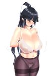  1girl azur_lane black_hair blush bra breasts huge_breasts konmori_(kinbou_sokai) lingerie long_hair orange_eyes panties panties_under_pantyhose pantyhose ponytail simple_background solo standing takao_(azur_lane) thighband_pantyhose underwear very_long_hair white_background white_bra white_panties 