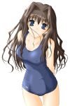  1girl arms_behind_back blue_eyes blue_swimsuit brown_hair covered_nipples cowboy_shot eyebrows_visible_through_hair hair_between_eyes hair_intakes highres kanon long_hair looking_at_viewer misaka_kaori non-web_source one-piece_swimsuit satomi_hidefumi school_swimsuit simple_background solo swimsuit white_background 
