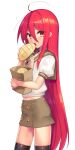  1girl :o ahoge bag bangs black_legwear bread commentary_request food hair_between_eyes highres jewelry long_hair looking_at_viewer melon_bread ohlia open_mouth paper_bag pendant puffy_short_sleeves puffy_sleeves red_eyes red_hair school_uniform serafuku shakugan_no_shana shana short_sleeves simple_background skirt solo thighhighs very_long_hair white_background 