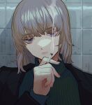  1girl bangs black_jacket blue_eyes brown_hair cigarette commentary expressionless eyebrows_visible_through_hair grey_sweater hand_up highres jacket katsuoboshi medium_hair original parted_lips pink_nails ribbed_sweater smoke smoking solo sweater tile_wall tiles turtleneck turtleneck_sweater upper_body 