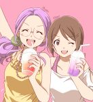  2girls alternate_hairstyle bendy_straw brown_eyes brown_hair cup digimon digimon_adventure_02 disposable_cup drink drinking_straw frilled_shirt frills gdn0522 glasses hair_ornament hairclip highres holding holding_cup inoue_miyako long_hair multiple_girls off-shoulder_shirt off_shoulder purple_hair shirt short_hair yagami_hikari 