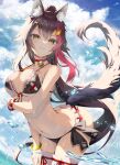  1girl :3 animal_ear_fluff animal_ears arched_back bell bikini black_bikini black_hair blue_sky breasts cloud cloudy_sky commentary cowboy_shot day front-tie_bikini front-tie_top hair_ornament hand_on_own_thigh hololive kubota_masaki large_breasts leaning_forward long_hair looking_at_viewer multicolored_hair navel neck_bell ookami_mio paw_print ponytail red_hair side-tie_bikini sidelocks skindentation sky solo standing streaked_hair swimsuit tail thighhighs very_long_hair virtual_youtuber wolf_ears wolf_girl wolf_tail wristband yellow_eyes 