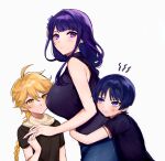  1girl 2boys aether_(genshin_impact) anger_vein bangs bare_shoulders black_shirt blonde_hair blue_eyes blue_hair blunt_bangs braid braided_ponytail breasts chipietsu genshin_impact half-closed_eyes hug hug_from_behind large_breasts mole mole_under_eye multiple_boys purple_eyes purple_hair raiden_shogun scaramouche_(genshin_impact) scarf shirt short_sleeves simple_background sleeveless sleeveless_shirt white_background yellow_eyes 