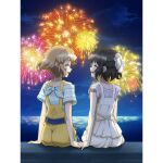  2girls artist_request ass black_hair blonde_hair blush closed_eyes fireworks from_behind hair_ornament hair_ribbon hairclip holding_hands interlocked_fingers kohinata_miku multiple_girls official_art open_mouth outdoors ribbon senki_zesshou_symphogear senki_zesshou_symphogear_xd_unlimited shiny shiny_hair short_hair sitting smile tachibana_hibiki_(symphogear) yuri 