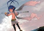  1boy antenna_hair back belt black_legwear blue_hair chinese_commentary cloud cloudy_sky disgaea eyebrows_visible_through_hair fanininini gloves highres laharl looking_at_viewer looking_back makai_senki_disgaea male_focus scarf shorts sky smile solo topless_male twilight twintails yellow_eyes 