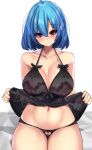  1girl bangs bed blue_eyes blue_hair breasts cleavage collarbone covered_nipples heart heart-shaped_pupils heart_panties heart_print heterochromia highres lace large_breasts lingerie midriff navel negligee panties print_panties pubic_hair red_eyes see-through short_hair simple_background smile solo symbol-shaped_pupils tatara_kogasa touhou underwear white_background yukito_(dreamrider) 