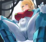  1girl adapted_costume bangs blonde_hair blue_eyes blush breasts cable cameltoe eyebrows_visible_through_hair frown hair_between_eyes jtveemo large_breasts long_hair metroid metroid_dread mole mole_under_eye power_armor power_suit samus_aran sidelocks signature solo spread_legs squatting twitter_username 