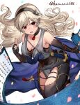  1girl alternate_costume armor bangs blush bodysuit breasts cleavage corrin_(fire_emblem) corrin_(fire_emblem)_(female) fire_emblem fire_emblem_fates fire_emblem_heroes fishnets gloves hair_between_eyes hair_ornament hairband haru_(nakajou-28) highres japanese_armor japanese_clothes katana large_breasts long_hair looking_at_viewer manakete ninja official_alternate_costume open_mouth pointy_ears red_eyes scarf silver_hair simple_background smile solo sword thighhighs weapon white_hair 
