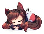  1girl absurdres animal_ear_fluff animal_ears artist_name bangs brown_hair chibi closed_eyes closed_mouth commentary curled_up dress dungeon_toaster english_commentary full_body highres imaizumi_kagerou long_hair long_sleeves simple_background sleeping smile solo tail touhou white_background white_dress wolf_ears wolf_tail 