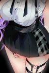 1girl absurdres black_background black_skirt breasts curly_hair head_out_of_frame high-waist_skirt highres hololive large_breasts leg_tattoo long_hair niku_(hamuchang) purple_hair shirt shirt_tucked_in skirt sweat tattoo thick_thighs thigh_strap thighs tokoyami_towa virtual_youtuber white_shirt 