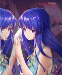  1girl aona_(anagasaki) blue_hair broken_glass closed_mouth furude_rika glass highres higurashi_no_naku_koro_ni long_hair looking_at_viewer purple_eyes red_eyes reflection smile solo twitter_username 