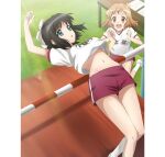  2girls artist_request black_hair blonde_hair blue_eyes blush breasts brown_eyes gym_shorts gym_uniform hair_ornament hair_ribbon hairclip kohinata_miku looking_at_another multiple_girls navel official_art open_mouth outdoors red_shorts ribbon senki_zesshou_symphogear senki_zesshou_symphogear_xd_unlimited shiny shiny_hair shirt short_hair shorts small_breasts smile tachibana_hibiki_(symphogear) white_shirt 