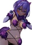  1girl absurdres animal_ears bangs bare_shoulders blush bow breasts cleavage cosplay dark-skinned_female dark_skin elbow_gloves fate/grand_order fate/prototype fate/prototype:_fragments_of_blue_and_silver fate_(series) fur-trimmed_gloves fur_collar fur_trim gloves hassan_of_serenity_(fate) highres looking_at_viewer mash_kyrielight mash_kyrielight_(dangerous_beast) mash_kyrielight_(dangerous_beast)_(cosplay) medium_breasts mizumok1 navel o-ring purple_eyes purple_hair revealing_clothes ribs short_hair sidelocks solo tail wolf_ears wolf_tail 