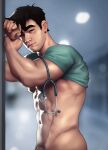  1boy abs aqua_shirt ass bara bare_pectorals black_hair blurry blurry_background bottomless closed_mouth clothes_lift doctor dr.shin_nerdyart earrings hand_on_wall highres indoors jewelry large_pectorals looking_at_viewer male_focus male_pubic_hair muscular muscular_male naked_shirt navel nerdyart1 nipples no_male_underwear original pectorals pubic_hair shirt shirt_lift short_hair solo stethoscope thick_eyebrows upper_body 