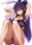  1girl animal_ears armpits arms_behind_head bangs blush bra breasts cameltoe commentary eyebrows_visible_through_hair feet_out_of_frame hair_between_eyes highres large_breasts light_purple_hair lingerie long_hair looking_at_viewer open_mouth panties purple_bra purple_hair purple_panties rabbit_ears rabbit_girl red_eyes reisen_udongein_inaba simple_background sitting solo textless touhou underwear underwear_only very_long_hair white_background yukito_(dreamrider) 