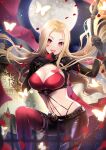  1girl :d blonde_hair blurry blurry_foreground breast_tattoo breasts bug butterfly butterfly_tattoo cleavage clock clock_tower full_moon heart highres hinagisa_yaya large_breasts leather leather_pants long_hair long_sleeves luis_cammy moon navel nijisanji pants petals red_eyes red_legwear rope smile solo tattoo thighhighs tower virtual_youtuber zipper 