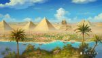  artist_name bird blue_sky building chinese_commentary chinese_text city cityscape cloud commentary_request day desert dock dust_cloud egyptian english_commentary flying grass highres moonslanstudio no_humans original plant pyramid river scenery ship sky sphinx tree watercraft 