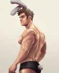  1boy animal_ears ass back bara black_male_underwear briefs brown_hair closed_mouth fake_animal_ears highres large_pectorals looking_away male_focus male_playboy_bunny male_underwear muscular muscular_male nerdyart1 original pectorals rabbit_boy rabbit_ears rabbit_tail short_hair sideburns smile solo tail underwear 