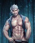 1boy abs alternate_pectoral_size arm_hair bara bare_pectorals blue_vest highres jack_frost_(rise_of_the_guardians) large_pectorals looking_at_viewer male_focus muscular muscular_male navel nerdyart1 night nipples open_clothes open_mouth open_vest outdoors pectorals rise_of_the_guardians short_hair smile snow snowing solo teeth thick_eyebrows thong vest white_hair 