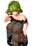  1girl alternate_costume breasts cropped female_pubic_hair green_hair highres huge_breasts kazami_yuuka looking_at_viewer mole mole_under_eye navel nipples pubic_hair red_eyes see-through see-through_dress short_hair simple_background solo textless touhou white_background yukito_(dreamrider) 