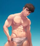  1boy abs artist_name bara black_hair blue_background briefs dr.shin_nerdyart earrings highres jewelry large_pectorals looking_at_viewer male_focus male_pubic_hair male_underwear male_underwear_pull muscular muscular_male navel nerdyart1 nipples open_mouth original pectorals pubic_hair pulled_by_self short_hair solo teeth thick_eyebrows thick_thighs thighs underwear upper_teeth white_male_underwear 