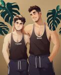  2boys arm_hair bara beard black_hair black_shorts black_tank_top chest_hair closed_mouth couple facial_hair hand_in_pocket hand_on_another&#039;s_head headpat highres large_pectorals looking_at_another male_focus multiple_boys nerdyart1 one_eye_closed original pectorals short_hair shorts sidepec smile tank_top yaoi 