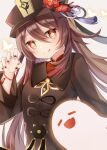  1girl black_nails brown_hair chinese_clothes collared_coat collared_shirt colored_tips commentary flower flower-shaped_pupils genshin_impact ghost hat hat_flower highres hu_tao_(genshin_impact) jewelry multiple_rings plum_blossoms ponytail porkpie_hat red_eyes red_shirt ring ringouulu shirt smile solo symbol-shaped_pupils tailcoat thumb_ring twintails 