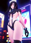  1girl bangs black_bodysuit black_eyes black_gloves black_hair black_legwear blurry blurry_background bodysuit breasts commentary doutonbori gantz gantz_suit glico glico_man gloves highleg highleg_panties holding holding_sword holding_weapon latex latex_bodysuit lips long_hair looking_to_the_side medium_breasts midriff navel osaka_(city) outdoors panties photo-referenced ryohhe shimohira_reika skin_tight solo standing sword thighhighs thighs underboob underwear weapon 