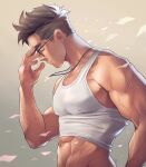  1boy abs adjusting_eyewear bara brown_hair closed_eyes covered_nipples cross cross_necklace falling_petals glasses highres jewelry large_pectorals male_focus muscular muscular_male navel necklace nerdyart1 nipples original parted_lips pectorals petals short_hair simple_background solo tank_top taut_clothes thick_eyebrows upper_body veins veiny_arms white_tank_top 