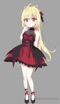  1girl bare_shoulders blonde_hair blush breasts closed_mouth collarbone dress ecute eyebrows_visible_through_hair flower frilled_dress frills full_body gothic_lolita grey_background hair_flower hair_ornament highres jashin-chan_dropkick lolita_fashion long_hair looking_at_viewer red_eyes rose shiny shiny_hair simple_background sleeveless small_breasts solo standing tomato_(papanohimitsu) 
