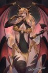  1girl bare_shoulders black_sclera blonde_hair bracelet breasts claws colored_sclera commission dragon_girl earrings gold highres horns jewelry large_breasts long_hair looking_at_viewer multiple_horns multiple_wings original pelvic_curtain pendant pointy_ears scales sleepysleipnir solo spread_wings tail tongue tongue_out twitter_username very_long_hair wide_hips wings yellow_eyes 
