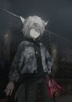  1girl absurdres ambience_synesthesia animal_ear_fluff animal_ears arknights bangs black_nails black_pants black_shirt chain-link_fence chihuri closed_mouth commentary_request eyebrows_visible_through_hair eyes_visible_through_hair fence grey_eyes grey_hair grey_jacket hair_ornament hair_over_one_eye hairclip highres jacket jewelry lappland_(arknights) long_sleeves looking_at_viewer nail_polish necklace night night_sky open_clothes open_jacket outdoors pants ring shirt sky solo tail 