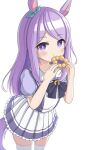  1girl :t absurdres animal_ears bangs blush bow bowtie doughnut ear_ribbon eating eyebrows_visible_through_hair food gokurin highres horse_ears horse_girl horse_tail horseshoe_ornament long_hair looking_at_viewer mejiro_mcqueen_(umamusume) miniskirt pleated_skirt pon_de_ring puffy_short_sleeves puffy_sleeves purple_bow purple_bowtie purple_eyes purple_hair purple_shirt sailor_collar sailor_shirt school_uniform serafuku shirt short_sleeves skirt solo summer_uniform swept_bangs tail thighhighs tracen_school_uniform umamusume white_legwear white_skirt 