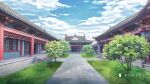  architecture artist_name blue_sky chinese_commentary chinese_text cloud commentary_request day east_asian_architecture grass highres moonslanstudio no_humans original path plant scenery sky stairs tree 