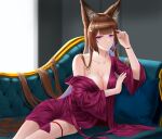  1girl absurdres amagi_(azur_lane) animal_ears azur_lane bangs bare_shoulders blunt_bangs blurry blurry_background breasts brown_hair cleavage couch eyebrows_visible_through_hair fox_ears fox_girl frozen-sad hair_flowing_over hair_ornament hand_up highres large_breasts leaning_to_the_side long_hair looking_at_viewer off_shoulder open_clothes pajamas pillow purple_eyes sitting solo very_long_hair wide_sleeves 
