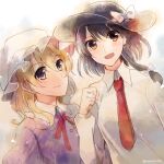  2girls black_headwear blonde_hair bow breasts brown_eyes brown_hair collared_dress dress hat hat_bow kaede_(mmkeyy) long_sleeves maribel_hearn medium_breasts medium_hair mob_cap multiple_girls necktie puffy_sleeves purple_dress red_necktie red_neckwear red_ribbon ribbon shirt short_hair touhou usami_renko white_headwear white_shirt yellow_eyes 