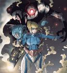  1girl arm_cannon armor bangs blonde_hair blue_eyes breasts e.m.m.i._(metroid) glowing gun han_gong highres long_hair metroid metroid_dread mole mole_under_mouth ponytail power_armor power_suit robot samus_aran science_fiction simple_background solo visor weapon zero_suit 