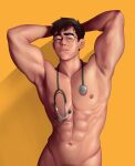  1boy abs armpit_hair armpits arms_behind_head bara black_hair closed_mouth doctor dr.shin_nerdyart glasses highres large_pectorals looking_at_viewer male_focus muscular muscular_male navel nerdyart1 nipples nude original pectorals round_eyewear short_hair solo stethoscope thick_eyebrows white_background 