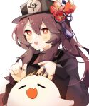  1girl black_headwear black_nails blush brooch brown_hair chinese_clothes coat coattails collared_coat collared_shirt flower flower-shaped_pupils genshin_impact ghost hat hat_flower highres hu_tao_(genshin_impact) jewelry k_kakasi_e multiple_rings open_mouth plum_blossoms porkpie_hat red_eyes red_shirt ring shirt smile solo symbol-shaped_pupils tailcoat thumb_ring twintails 