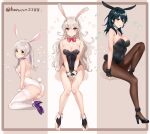  3girls absurdres alternate_costume animal_ears ass backless_leotard bare_legs bare_shoulders black_eyes black_footwear black_gloves black_hair black_hairband black_leotard blush border bow bowtie breasts bridal_gauntlets bridal_legwear brown_border brown_eyes brown_legwear byleth_(fire_emblem) byleth_(fire_emblem)_(female) cleavage closed_mouth collarbone corrin_(fire_emblem) corrin_(fire_emblem)_(female) covered_navel detached_collar fake_animal_ears fake_tail fire_emblem fire_emblem:_three_houses fire_emblem_awakening fire_emblem_fates flower fur-trimmed_gloves fur_trim gloves hairband haru_(nakajou-28) high_heels highres invisible_chair kneeling leotard long_hair looking_at_viewer looking_back medium_breasts multiple_girls necktie own_hands_together pantyhose parted_lips pink_necktie playboy_bunny purple_footwear rabbit_ears rabbit_tail red_bow red_bowtie red_eyes robin_(fire_emblem) robin_(fire_emblem)_(female) sideboob silver_hair sitting smile tail thighhighs twintails twitter_username two-tone_background white_flower white_hairband white_legwear white_leotard 