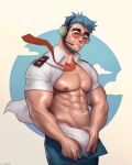  1boy abs animal_crossing arm_hair artist_name bara bare_pectorals beard blue_hair blue_pants briefs bulge closed_mouth crotch_grab facial_hair highres humanization large_pectorals looking_at_viewer male_focus male_underwear male_underwear_peek male_underwear_pull muscular muscular_male navel nerdyart1 nipples open_clothes open_fly open_pants open_shirt pants pectorals shirt short_hair solo sunglasses thick_eyebrows underwear white_male_underwear white_shirt wilbur_(animal_crossing) 